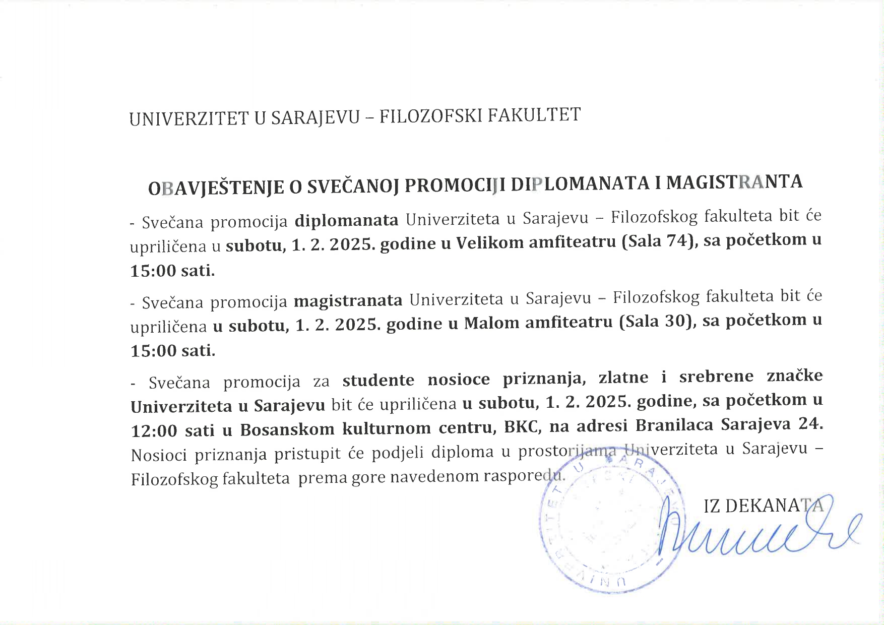 Obavijest o svečanoj promociji diplomanata i magistranata i page 0001